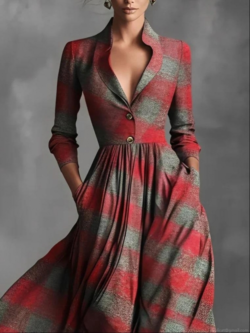 Women Vintage Plaid Long Sleeve Maxi Dress V Neck Waist Tied Large Swing Pullover Long Dresses For Women Autumn Winter Casual Office Lady Clothing