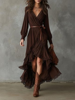 Bohemian V-Neck Lace Ruffle Asymmetric Hem Long Sleeve Maxi Dress For Women Dark Brown Elegant Vacation Streetwear Long Dress