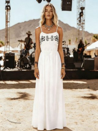 Women White Polyester Embroidery Maxi Dress Bohemian Backless Cami Dress Summer Beach Vacation Long Dress High Waist A-Line Dress