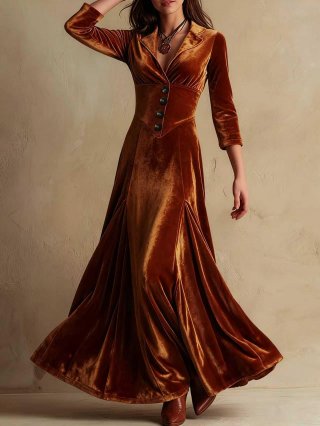 Women Elegant Velvet Maxi Dress V-Neck Button Down Long Sleeve Slim Fit Party Evening Swing Long Dress Coffee Vintage Aesthetic Gown S-XXL