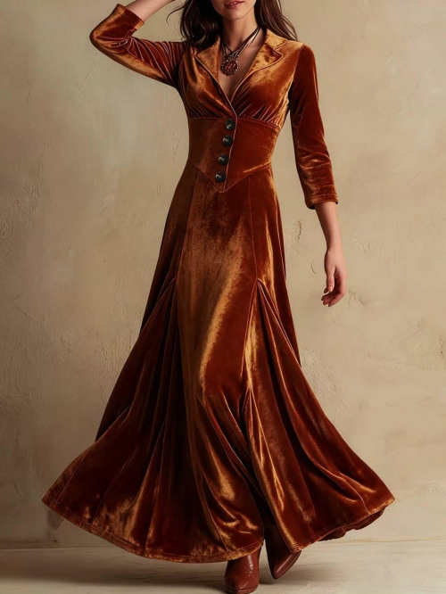 Women Elegant Velvet Maxi Dress V-Neck Button Down Long Sleeve Slim Fit Party Evening Swing Long Dress Coffee Vintage Aesthetic Gown S-XXL
