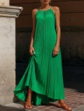 Women Sexy Halter Backless Pleated Maxi Dress Bohemian Irregular Hem Sleeveless Polyester Solid Color Elegant Vacation Dress