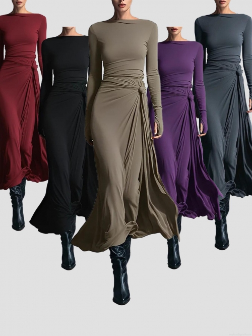 Women Elegant Solid Color Long Sleeve Wrap Maxi Dress Slim Fit Side Tie Ruched Dress with Thumbhole Sleeves for Fall Winter Commuting