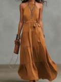 Women's Bohemian Tiered Halter Maxi Dress Summer Solid Color Sleeveless Backless Chiffon Style Long Dress With Waist Tie For Beach Vacation Party