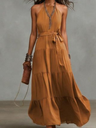 Women's Bohemian Tiered Halter Maxi Dress Summer Solid Color Sleeveless Backless Chiffon Style Long Dress With Waist Tie For Beach Vacation Party