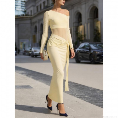 Women One Shoulder Long Sleeve Maxi Dress Mesh Cutout Waist Bodycon Evening Party Elegant Sexy Chic Slim Fit Knit Polyester Gown For Ladies