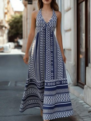 Women Summer Geometric Print Maxi Dress Halter V Neck High Waist A-Line Backless Bohemian Beach Vacation Long Dresses