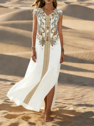 Bohemian Women's V Neck Sleeveless Maxi Dress Polyester Paisley Printed Slit Long Dress For Summer Beach Vacation Retro Ethnic Style