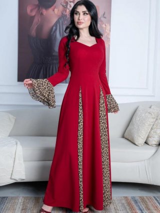 Women's Elegant Maxi Dress Long Sleeve Sweetheart Neck Leopard Print Patchwork Polyester A-Line Slim Fit Long Skirt For Party Daily Wear