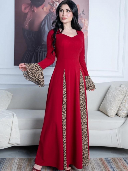 Women's Elegant Maxi Dress Long Sleeve Sweetheart Neck Leopard Print Patchwork Polyester A-Line Slim Fit Long Skirt For Party Daily Wear