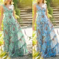Bohemian Floral Print Maxi Dress For Women Deep V Neck Sleeveless High Waist Tiered Ruffle Layered Chiffon Long Sundress Summer Beach Vacation Party