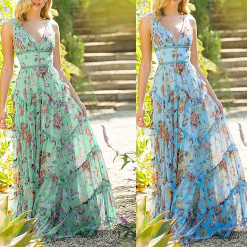 Bohemian Floral Print Maxi Dress For Women Deep V Neck Sleeveless High Waist Tiered Ruffle Layered Chiffon Long Sundress Summer Beach Vacation Party