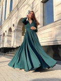 Elegant Women's Dark Green Maxi Dress Deep V Neck Long Sleeve Chiffon Pleated Gown For Evening Party Wedding Formal Events Slim Fit Full Length Dressing