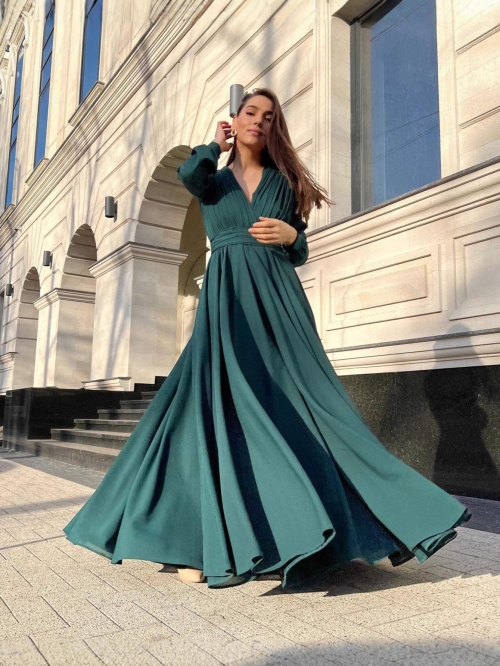 Elegant Women's Dark Green Maxi Dress Deep V Neck Long Sleeve Chiffon Pleated Gown For Evening Party Wedding Formal Events Slim Fit Full Length Dressing