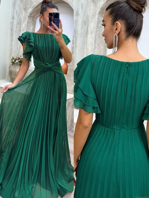 Women Elegant Pleated Chiffon Maxi Dress With Flutter Sleeve Waist Knot High Waist A-Line Long Evening Party Gown Flowy Prom Dress