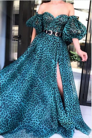 Women's Sexy Leopard Print Off-Shoulder Puff Sleeve Maxi Dress With Belt Elegant High Slit Party Evening Long Dress Polyester Summer Dress