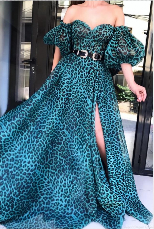 Women's Sexy Leopard Print Off-Shoulder Puff Sleeve Maxi Dress With Belt Elegant High Slit Party Evening Long Dress Polyester Summer Dress