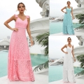 Women's Elegant Lace V-Neck Sleeveless Maxi Dress Ruffle Straps Hollow Waist Slim Fit Evening Party Gown Vacation Sundress Solid Color Spring Summer Long Dress