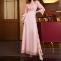 Women's Elegant Pink Chiffon Maxi Dress Ruffle V-Neck Flare Sleeve High Slit Sexy Party Evening Long Dress For Ladies