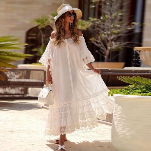 Women's Off The Shoulder Lace Patchwork Maxi Dress White Bohemian Button Front Tiered Skirt Loose Vacation Beach Dress For Women