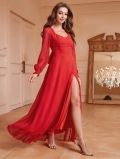 Elegant Women's Polka Dot Chiffon Maxi Dress Sexy Backless Bow Decoration Long Sleeve High Slit Party Evening Banquet Wine Red Long Dress