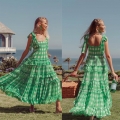 Women Summer Green Gingham Chiffon Maxi Dress Ruffle Tiered Cake Sundress With Bow Tie Straps Backless Bohemian Vacation Long Dress