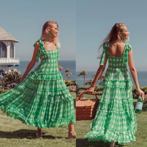 Women Summer Green Gingham Chiffon Maxi Dress Ruffle Tiered Cake Sundress With Bow Tie Straps Backless Bohemian Vacation Long Dress
