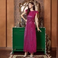 Women's Fuchsia Sequin Evening Dress Elegant Sleeveless Ruffle Maxi Gown With Belt For Party Wedding Formal Occasion