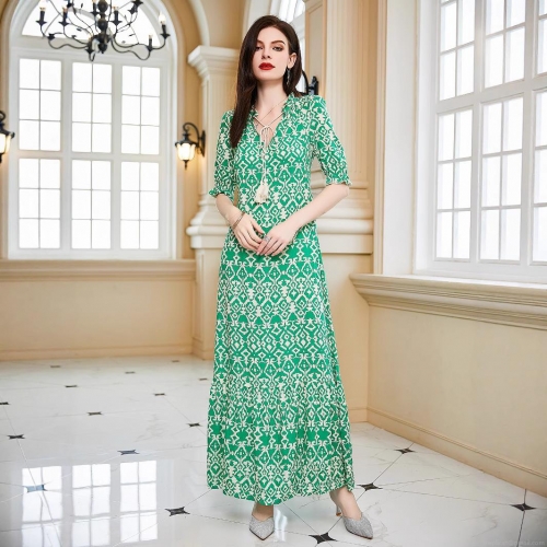 Women's Bohemian Geometric Print Maxi Dress V Neck Tassel Drawstring Polyester Short Sleeve High Waist Casual Vacation Beach Long Dress