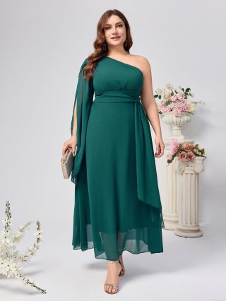 Women's Plus Size One Shoulder Chiffon Maxi Dress Elegant Dark Green Sleeveless A-Line Evening Gown For Party Wedding Banquet Lady Special Occasion Dress
