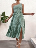Elegant One Shoulder Floral Print Maxi Dress For Women Summer Sexy Ruched High Slit Polyester Spandex Bodycon A-Line Long Dress For Vacation Party
