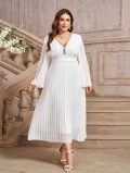 Women's Plus Size Chiffon Maxi Dress Sexy V-Neck Long Sleeve Pleated Party Evening Dress Elegant High Waist Bell Sleeve Gown Pink White Wine Red Apricot