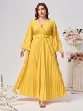Women Plus Size Elegant V Neck Pleated Maxi Dress Long Sleeve Solid Color Flowy A-Line Party Gown With Belt