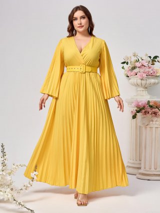 Women Plus Size Elegant V Neck Pleated Maxi Dress Long Sleeve Solid Color Flowy A-Line Party Gown With Belt
