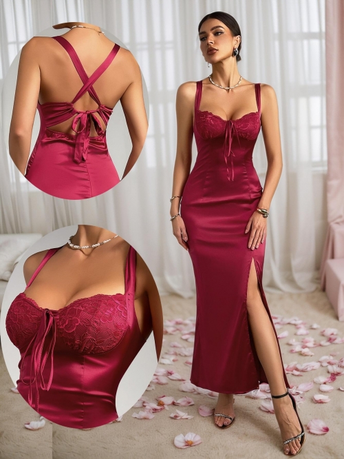 Sexy Women Satin Lace Patchwork Maxi Dress Backless High Slit Cami Bodycon Long Gown For Evening Party Clubwear Vacation Wedding Guest