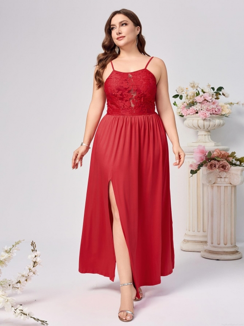 Plus Size Sexy Lace Splicing Spaghetti Strap Maxi Dress High Slit Backless Evening Gown Elegant Polyester Spandex Formal Party Wedding Dress for Women