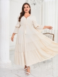 Women Plus Size V Neck Maxi Dress Polyester Blend Pleated Tiered Ruffle Long Sleeve Solid Color Boho Beach Resort Long Dresses For Women