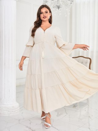 Women Plus Size V Neck Maxi Dress Polyester Blend Pleated Tiered Ruffle Long Sleeve Solid Color Boho Beach Resort Long Dresses For Women