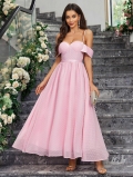 Women's Sweet Pink Polka Dot Mesh Maxi Dress Romantic Off Shoulder Spaghetti Strap Backless Corset A-Line Party Evening Wedding Dress