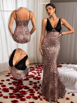 Women's Leopard Print Polyester Spandex Lace Patchwork Maxi Dress Sexy V-Neck Backless Spaghetti Strap Bodycon Evening Party Long Dresses