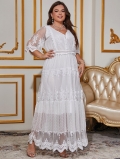 Plus Size Women's Elegant White Lace Maxi Dress V-Neck Mesh Embroidery Short Sleeve Tiered Cake Skirt Summer Party Occasion Dress