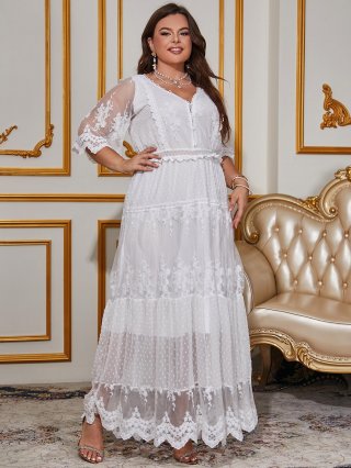 Plus Size Women's Elegant White Lace Maxi Dress V-Neck Mesh Embroidery Short Sleeve Tiered Cake Skirt Summer Party Occasion Dress