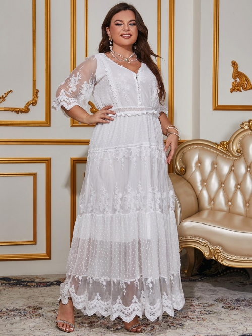 Plus Size Women's Elegant White Lace Maxi Dress V-Neck Mesh Embroidery Short Sleeve Tiered Cake Skirt Summer Party Occasion Dress