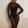 Women's Sexy Black Lace Mesh Perspective Long Sleeve Maxi Dress Elegant Slim Fit Bodycon See-Through Party Clubwear Dress For Women