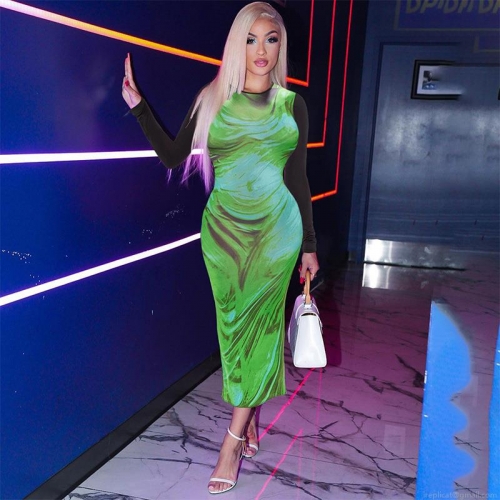 Women's Sexy Bodycon Maxi Dress Long Sleeve Round Neck Marble Print Slim Fit Polyester Spandex Stretch Gown Streetwear Fashion Spring Autumn Ladies Clubwear Party Dress