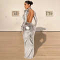 Sexy Metallic Backless Bodycon Dress For Women Long Sleeve Stand Collar Ruched Slim Fit Maxi Dress Party Club Night Out Futuristic Evening Gown