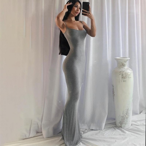 Women Sexy Spaghetti Strap Bodycon Maxi Dress Solid Color Backless Slim Fit Sleeveless Long Dress For Summer Party Clubwear Vacation