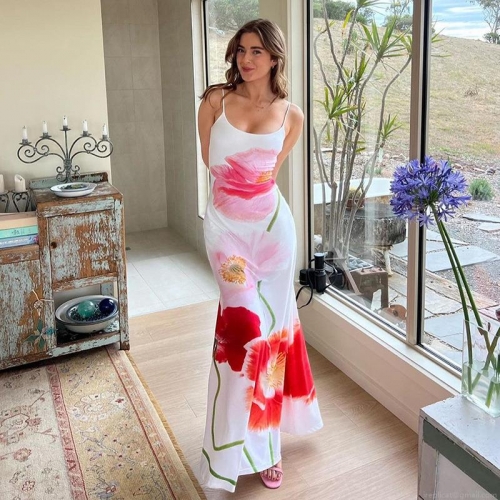 Women's Sexy Backless Floral Print Maxi Dress Spaghetti Strap Long Dress Polyester Spandex Summer Beach Vacation Party Slim Fit Dress