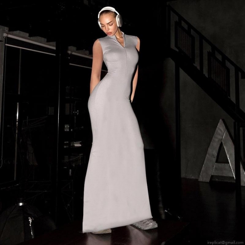 Women's Sleeveless Zip Up Stand Collar Maxi Dress Sexy Bodycon Slim Fit Solid Color Long Vestidos For Party Streetwear Summer Club Wear