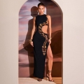 Sexy Women Sleeveless Cut-out Snake Print Maxi Dress Slim Fit Side High Split Long Bodycon Dress For Party Evening Gown Vacation Summer Streetwear